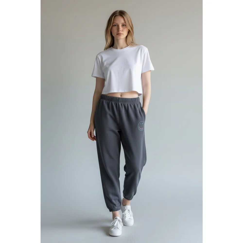 Miou Muse Josie Jogger Pants French Terry Charcoal Grey Smiley Face Size Med EUC - Picture 5 of 5
